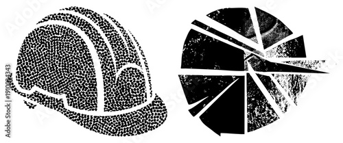 Dot matrix construction helmet and shattered gear, vector halftone style, industrial graphic, isolated symbols, technical illustration.
