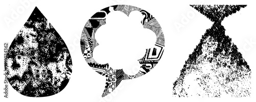 Three stylized teardrop, speech bubble, hourglass rendered in high contrast halftone textures, vector art,, graphic design elements.