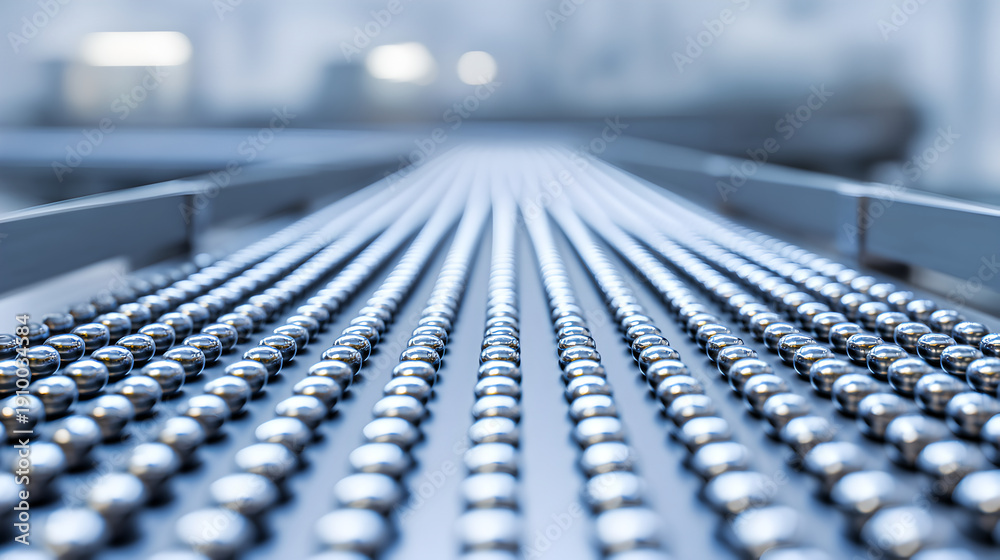 Fototapeta premium Hundreds Of Polished Steel Ball Bearings Moving Down An Industrial Production Line 