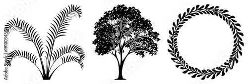 Vector botanical silhouettes palm fronds, full tree, laurel wreath ideal for logos, design, or decor. Also called foliage or ornamental plant motifs.