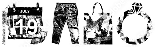 Retro calendar flip showing July 19th, date marker, day planner, monthly schedule, black and white graphic, halftone texture, minimalist design.