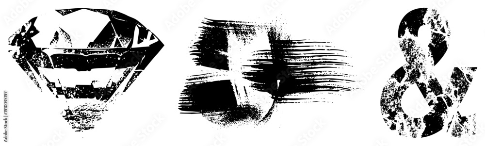 Naklejka premium Distressed black and white vector diamond gem,, ampersand, with gritty texture, ideal for branding or graphic design projects.