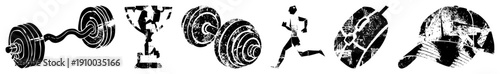 Weightlifting barbell, trophy, dumbbells, runner, mouse, cap fitness symbols with gritty texture,, stylized for sport and gaming themes.
