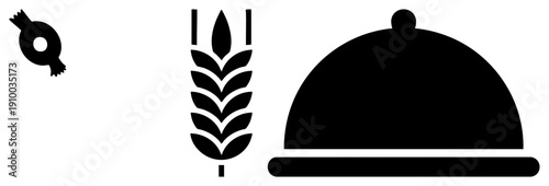 Three isolated food related wrapped candy, wheat stalk, and cloche cover, rendered in flat vector style for culinary or bakery design.