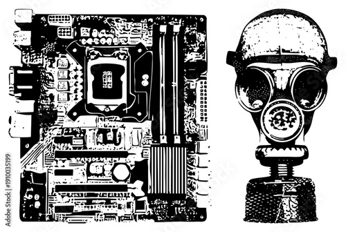 Computer motherboard circuitry and gas mask depicted in bold halftone vector art, tech and safety symbols, isolated digital and protective gear.