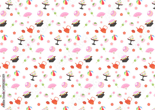 ひな祭りモチーフのシームレスパターン素材（白）