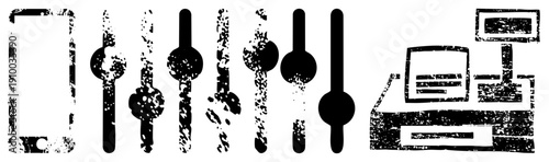 Distressed black vector of sliders, volume knobs, and smartphone, stylized with gritty texture, digital interface elements, UI components, graphic design assets.