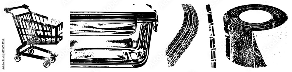 Obraz premium Black and white vector illustrations of shopping cart, car tire tread, and coiled roadway, halftone texture, isolated foreground elements, graphic design assets.
