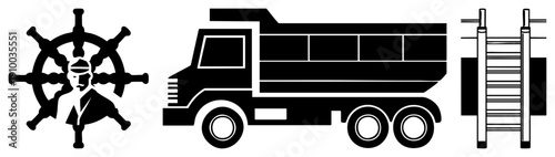 Nautical steering vessel, heavy duty dump truck, industrial ladder, vector, transportation and maritime symbols, flat design.
