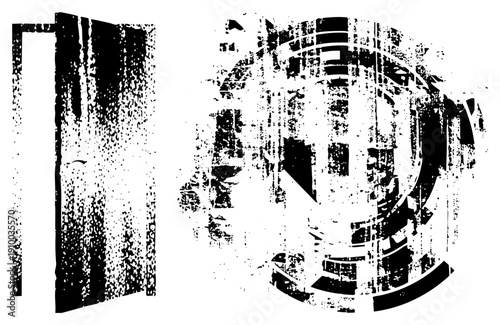 Stylized black and white vector forms with halftone grain, isometric projection, abstract composition, graphic design elements, digital art motif.