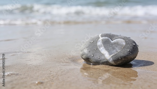 A smooth grey pebble featuring a natural white heart shape and glistening water droplets rests on wet sand at the ocean's edge, symbolizing love and serenity.