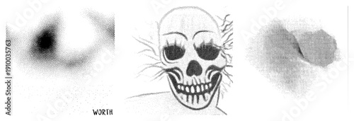 Stylized skull with long eyelashes, halftone shading, radiating, graphic design, vector art, isolated illustration, black and white.