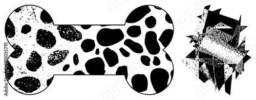 Black and white cow print dog bone shape, halftone texture, isolated graphic, pet accessory design, vector art, stylized bone, abstract fragment, geometric.