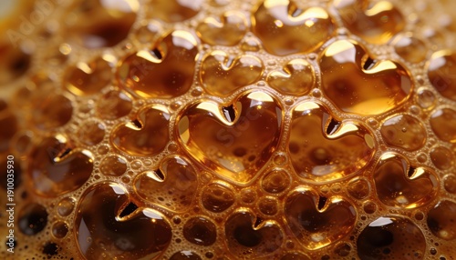 Heart-shaped bubbles float on a warm golden-brown liquid foam, creating an intricate pattern and symbolizing love, comfort, and a cozy beverage moment.