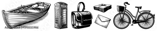 Classic vector illustrations of nostalgic items wooden rowboat, British phone booth, leather satchel, mail envelope, bicycle., detailed art, isolated objects.