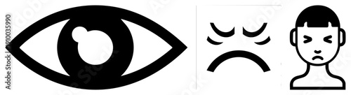 Vector depicting eye, sad face, and frowning person, minimalist design, flat style, emotion symbols, user interface elements.