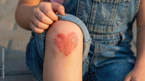 A child's knee displays a scraped, heart-shaped wound, with a hand gently touching the denim overall, symbolizing childhood vulnerability and the need for care.