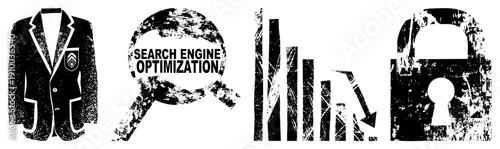 Digital marketing symbols for search engine optimization, analytics, security, and professional strategy. SEO tools, keyword research, data trends, website protection.