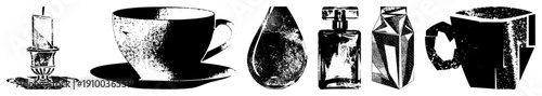 Black and white halftone vector illustrations of candle, teacup, perfume bottle, milk carton, and mug, isolated on transparent background, stylized with grainy texture and geometric shading.