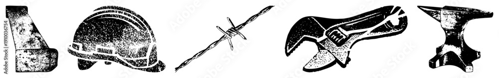 Fototapeta premium Safety helmet, adjustable wrench, barbed wire, anvil, metal corner bracket, industrial tools, construction equipment, black and white vector.