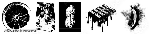 Black and white halftone vector graphics of citrus, peanut, chocolate bar, and banana slice. Stylized food with dot texture, isolated foreground elements.