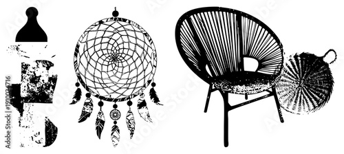 Dreamcatcher with feathers and beads, chair with woven texture, abstract bottle shapes, grunge vector style, boho decor elements, black and white illustration.