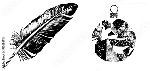 Classic quill pen with inked nib, ornate feather detailing, vintage compass rose emblem, halftone texture, graphic design elements.