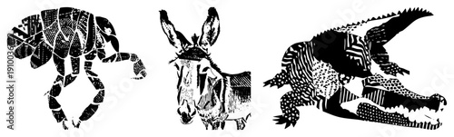 Vector illustrations of armadillo,, and crocodile with detailed geometric and stippled textures, black and white, artistic wildlife motifs.