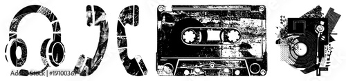 Retro music equipment symbols, analog devices, nostalgic tech, black and white vector graphics, fragmented textures, vintage sound gear.