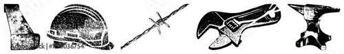 Safety helmet, adjustable wrench, barbed wire, anvil, metal corner bracket, industrial tools, construction equipment, black and white vector.