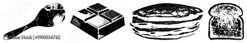 Vintage style halftone graphic of kitchen essentials spoon, chocolate bar, stacked pancakes, and toast slice., textured, stylized food.