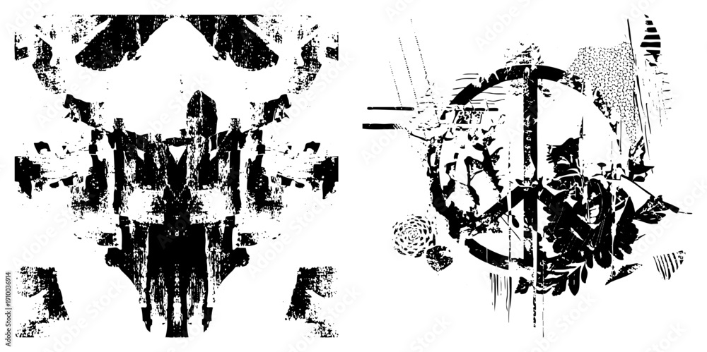 Fototapeta premium Stylized composition featuring mirrored shapes, halftone textures, and fragmented organic elements, vector art with distressed aesthetic, isolated design elements.