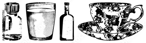 Classic drinking vessels including water glass, bottle, soda dispenser, and teacup on saucer, rendered in halftone dot,, retro graphic style.