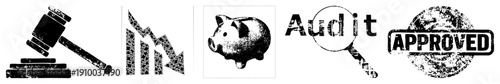 Legal gavel symbolizing justice, downward graph indicating loss, piggy bank for savings, magnifying glass for review, approved stamp for certification.