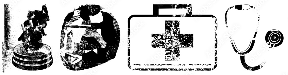 Fototapeta premium Stethoscope, first aid kit, and abstract medical rendered in halftone style, vector graphic, isolated elements for healthcare branding or UI design.