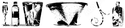 Stylized broken glass bottles, tumblers, and ceramic bowls rendered in halftone vector art, geometric,, isolated objects, graphic design elements.