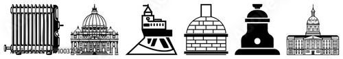 buildings & machinery as clean black/white vector silhouettes St. Peter’s, Capitol, engine, chimney, bell tower, radiator.