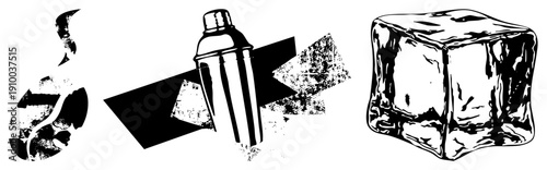 Vector illustration of cocktail shaker, ice cube, and swirls, halftone texture, bar drink, isolated beverage elements, stylized bar tools.