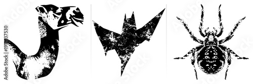 Graphic vector of a coiled snake, flying bat, and detailed spider, rendered in high contrast halftone style with distressed texture. Perfect for dark or horror themed design.