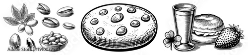 Vintage engraved pistachios, pistachio cake with nuts, strawberry dessert, glass drink, clover garnish, illustration, culinary art.