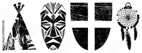 Black and white vector designs featuring tribal mask, dreamcatcher, and abstract shapes with distressed texture, ideal for graphic design, tattoos, or spiritual decor.