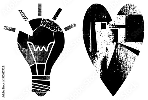 Fragmented lightbulb with halftone textures and broken heart, representing creative block, emotional pain, or lost inspiration, vector art.