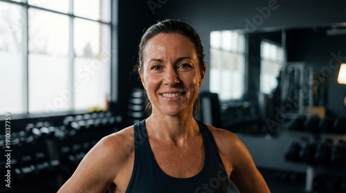 Portrait of a Confident and Motivated Woman Smiling After a Workout in a Gym, Fitness Enthusiast, Active Lifestyle, Strength Training, Healthy Living, Gym Environment