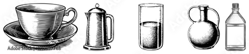 Classic tea service set with cup and saucer, French press, glass tumbler, ceramic jug, and glass bottle, rendered in halftone engraving style.
