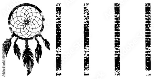 Native American dreamcatcher with webbed circle, dangling feathers, and grunge text elements, vector silhouette, cultural symbol, spiritual protection, tribal art.