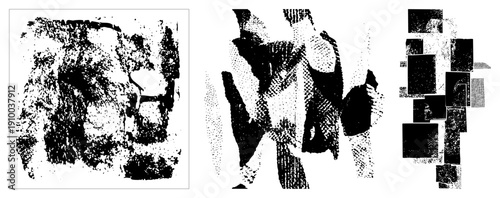 Fragmented black shapes with halftone and dot matrix textures, abstract graphic elements, vector art, digital glitch aesthetic, isolated design motifs.