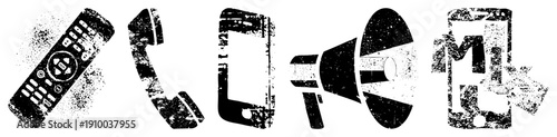 Retro tech including remote, phone, smartphone, megaphone, and messaging device, rendered in gritty halftone texture, ideal for digital or print design.