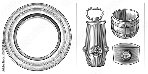 Antique style containers featuring embossed motifs, wooden barrel, metal flask with ring handle, halftone engraved textures, historical artifact design.
