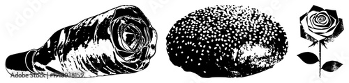 Artistic rose illustrations bottle rose, sesame seed bun, classic rose, halftone textures,, stylized, graphic design elements.