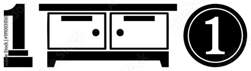 Bold numeral one, cabinet drawer graphic, numbered badge, flat vector symbol, UI element, digital counter, counting marker.